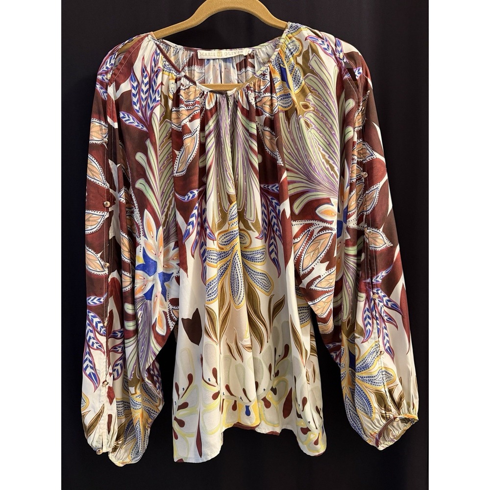 Marie Oliver Women's XL Multicolor Floral Round Neck Long Sleeve Viscose Blouse